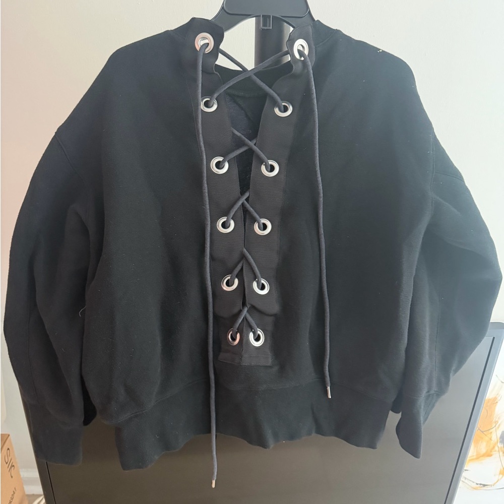 SACAI Black Lace-Up Front Hoodie Sweatshirt